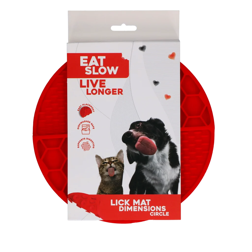 Tapis de léchage rond à alvéoles profondes, rouge, ø 21 cm – Eat Slow Live Longer Lick Mat Dimensions Circle – Image 1
