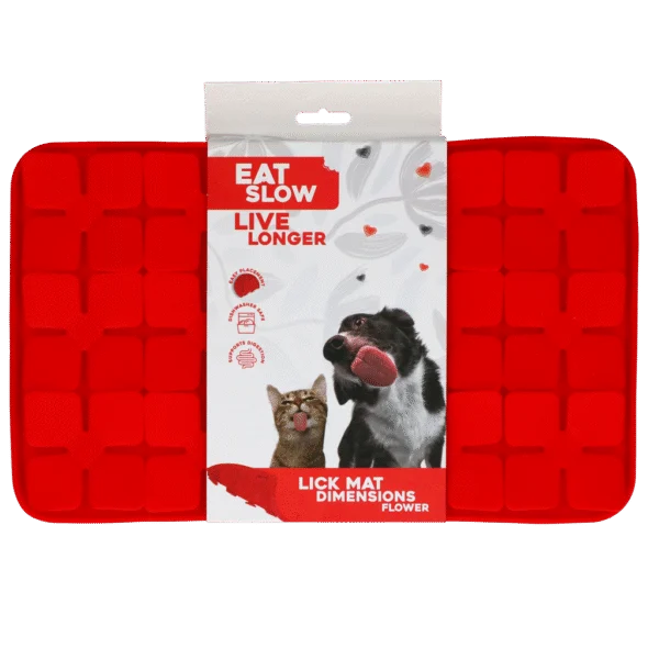 Tapis de léchage pour chiens avec rabats en forme de fleurs et ventouses, 21 x 34 cm, rouge – Eat Slow Live Longer Lick Mat Dimensions Flower