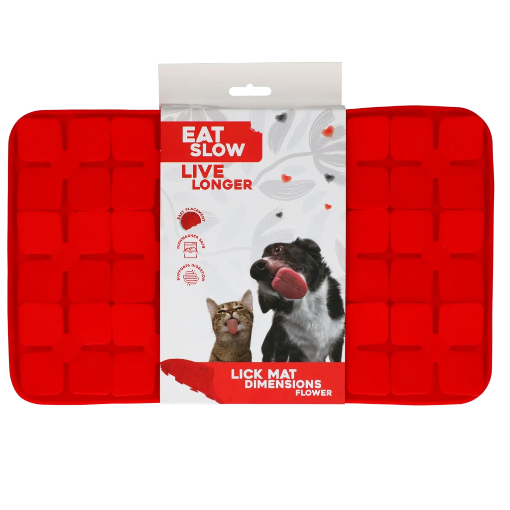 EATS063O.png Tapis de léchage pour chiens avec rabats en forme de fleurs et ventouses, 21 x 34 cm, rouge – Eat Slow Live Longer Lick Mat Dimensions Flower – Image 1