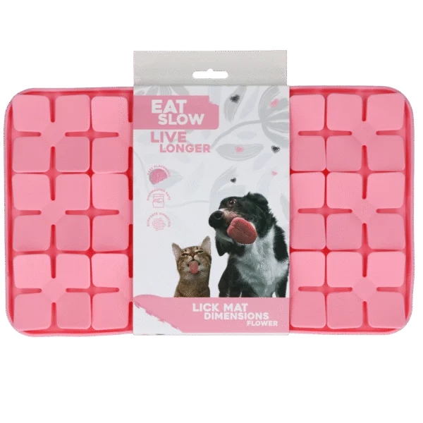 Tapis à lécher pour chiens avec pétales en forme de fleur et ventouses, 21 x 34 cm, rose – Eat Slow Live Longer Lick Mat Dimensions Flower