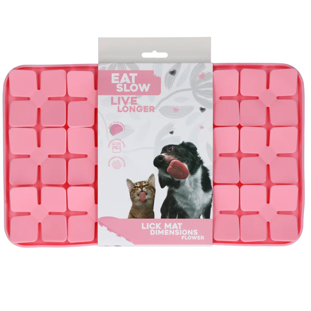 Tapis à lécher pour chiens avec pétales en forme de fleur et ventouses, 21 x 34 cm, rose – Eat Slow Live Longer Lick Mat Dimensions Flower – Image 1