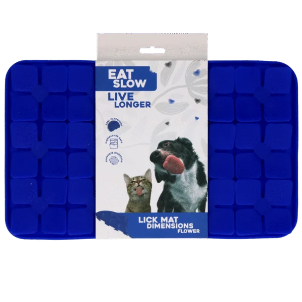 Tapis de léchage pour chiens avec rabats en forme de fleurs et ventouses, 21 x 34 cm, bleu – Eat Slow Live Longer Lick Mat Dimensions Flower
