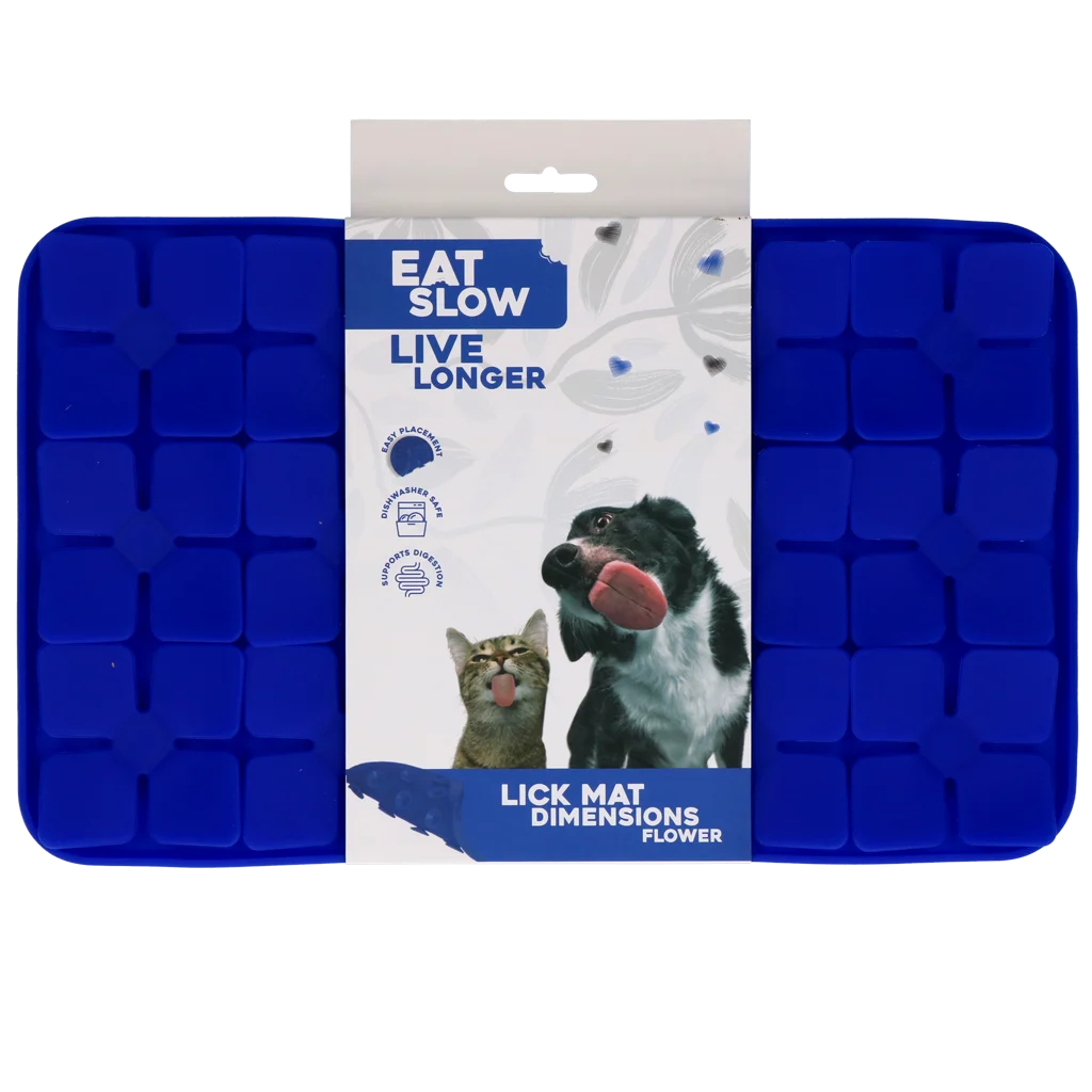 Tapis de léchage pour chiens avec rabats en forme de fleurs et ventouses, 21 x 34 cm, bleu – Eat Slow Live Longer Lick Mat Dimensions Flower – Image 1