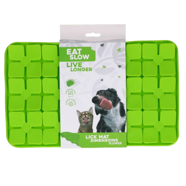 Tapis de léchage pour chiens avec rabats en forme de fleurs et ventouses, 21 x 34 cm, vert – Eat Slow Live Longer Lick Mat Dimensions Flower