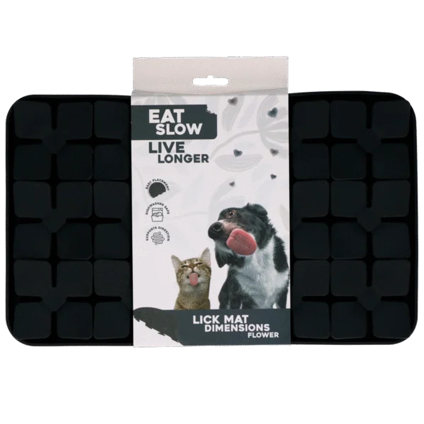 Tapis de léchage pour chiens avec rabats en forme de fleur et ventouses, 21 x 34 cm, gris – Eat Slow Live Longer Lick Mat Dimensions Flower
