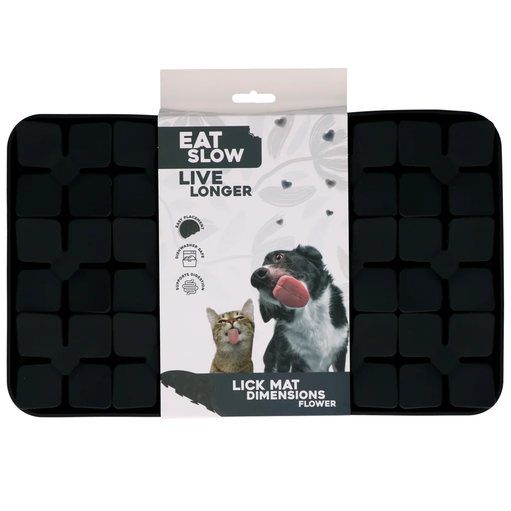 Tapis de léchage pour chiens avec rabats en forme de fleur et ventouses, 21 x 34 cm, gris – Eat Slow Live Longer Lick Mat Dimensions Flower – Image 1