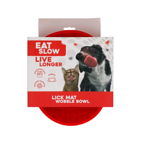 Gamelle anti glouton pour chiens avec tapis de léchage, rouge, 17 cm – Eat Slow Live Longer Lick Mat Wobble Bowl