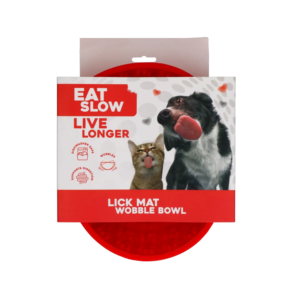 Gamelle anti glouton pour chiens avec tapis de léchage, rouge, 17 cm – Eat Slow Live Longer Lick Mat Wobble Bowl – Image 1