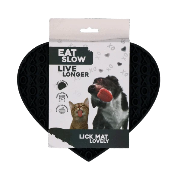 Tapis de léchage pour chien en forme de cœur avec motif XO, 19 x 23 cm, gris – Eat Slow Live Longer Lick Mat Lovely Heart