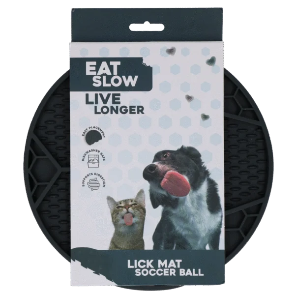 Tapis de léchage pour chiens avec motif de ballon de football et ventouses, Ø 22 cm, gris – Eat Slow Live Longer Lick Mat Soccer Ball