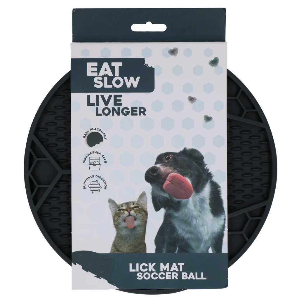 Tapis de léchage pour chiens avec motif de ballon de football et ventouses, Ø 22 cm, gris – Eat Slow Live Longer Lick Mat Soccer Ball – Image 1