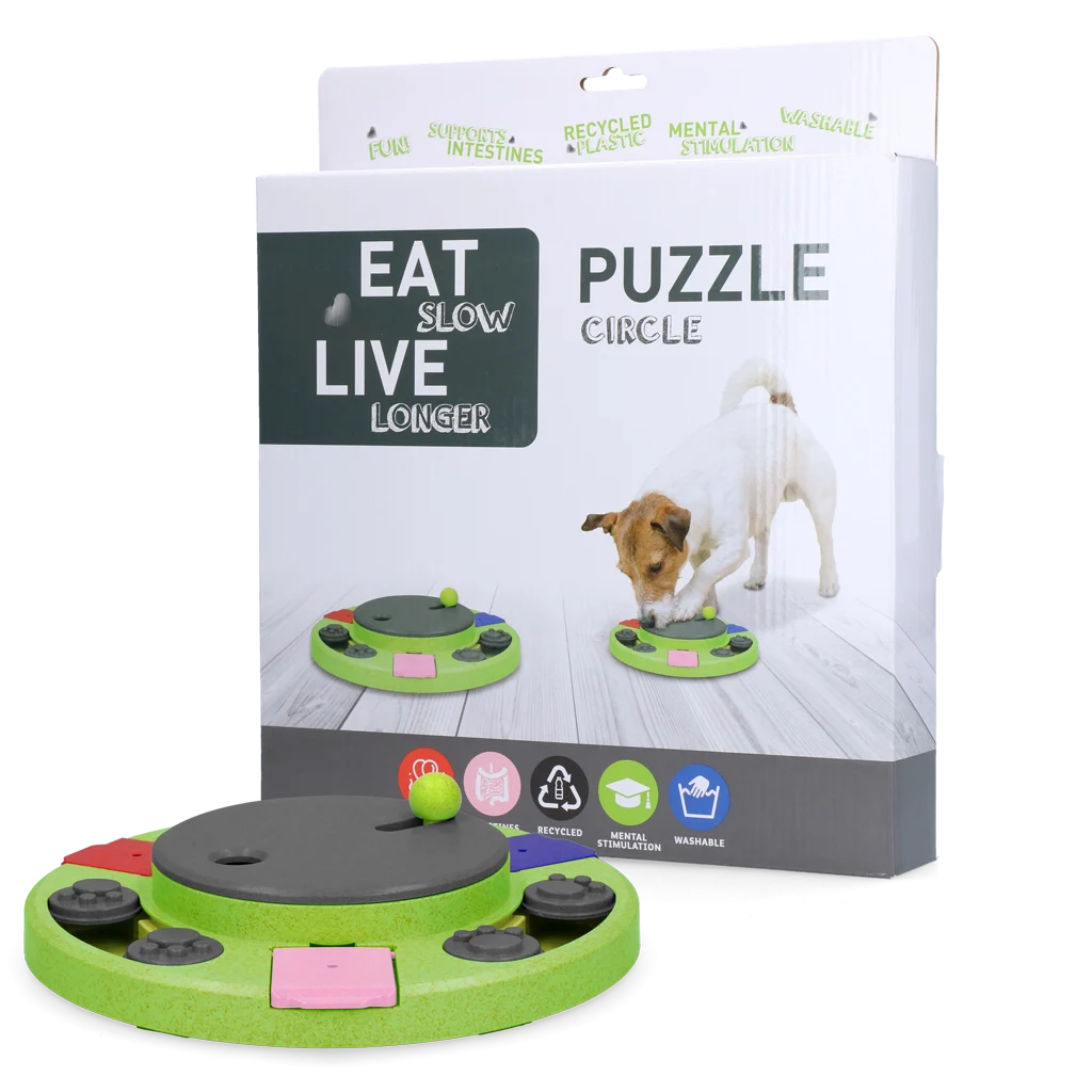Puzzle pour chien pour croquettes et friandises avec pieds antidérapants – Eat Slow Live Longer Puzzle Circle – Image 1