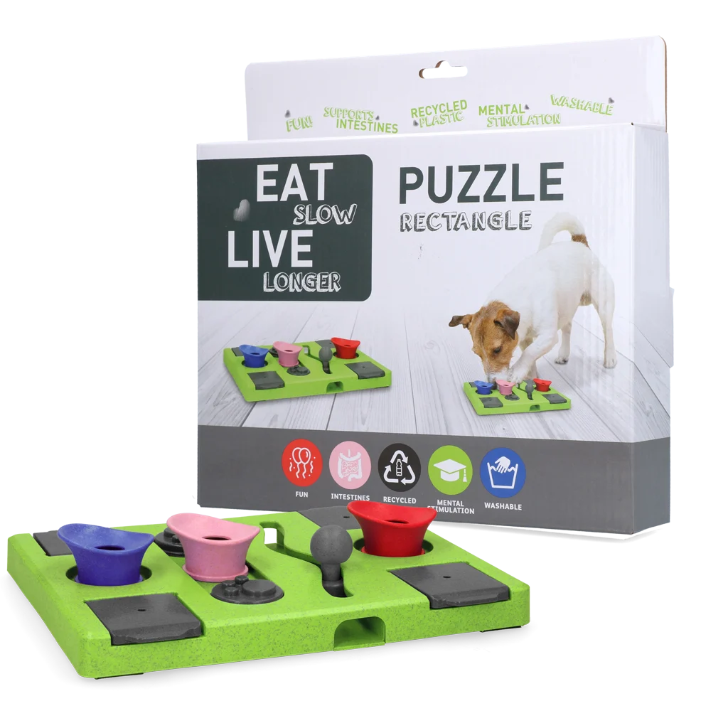 Puzzle pour chien pour croquettes et friandises avec pieds antidérapants – Eat Slow Live Longer Puzzle Rectangle – Image 1