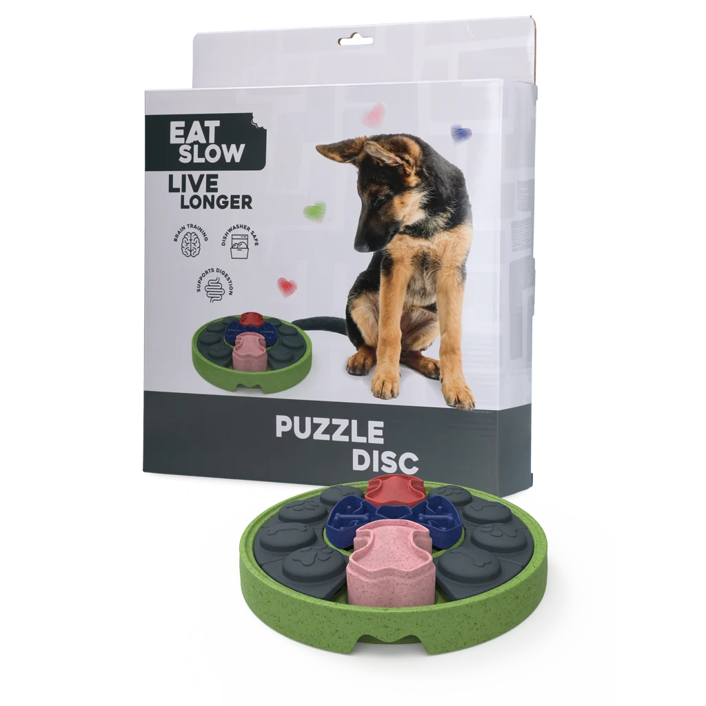 Puzzle pour chien avec éléments coulissants pour croquettes et friandises – Eat Slow Live Longer Puzzle Disc – Image 1