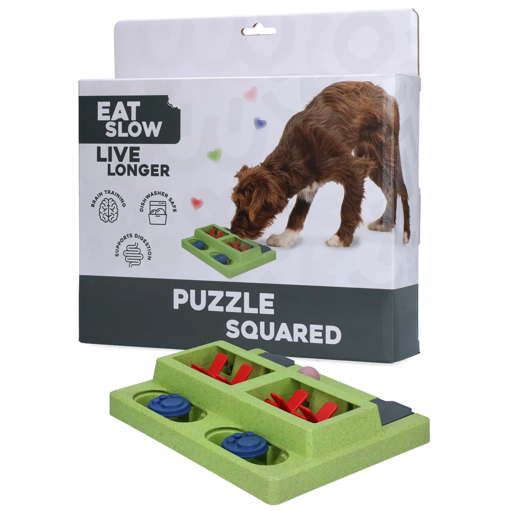 Puzzle pour chien avec pieds antidérapants, pour croquettes et friandises – Eat Slow Live Longer Puzzle Squared – Image 1