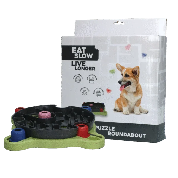 Puzzle pour chien pour croquettes et friandises avec pieds antidérapants – Eat Slow Live Longer Puzzle Roundabout