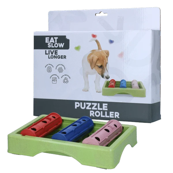 Puzzle pour chien à croquettes et friandises avec pieds antidérapants – Eat Slow Live Longer Puzzle Roller