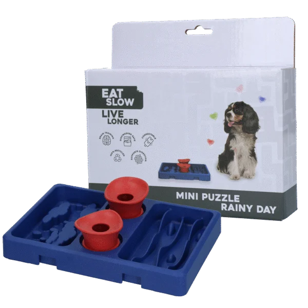 Gamelle puzzle pour chiens, pour croquettes et friandises, 13 x 19 cm – Eat Slow Live Longer Mini Puzzle Rainy Day