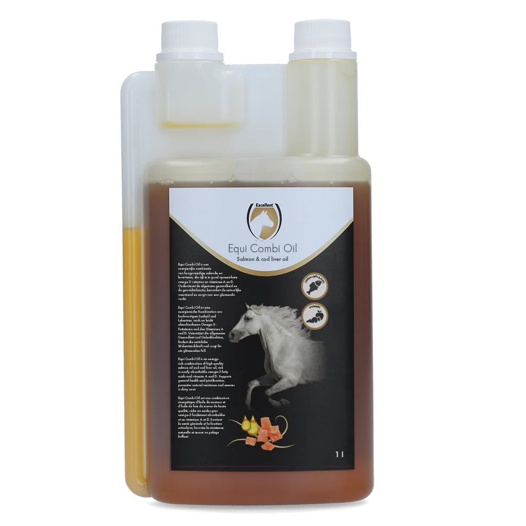 Huile alimentaire pour chevaux à l’huile de saumon et à l’huile de foie de morue, 1 l – Excellent Horse Combi Oil – Image 1