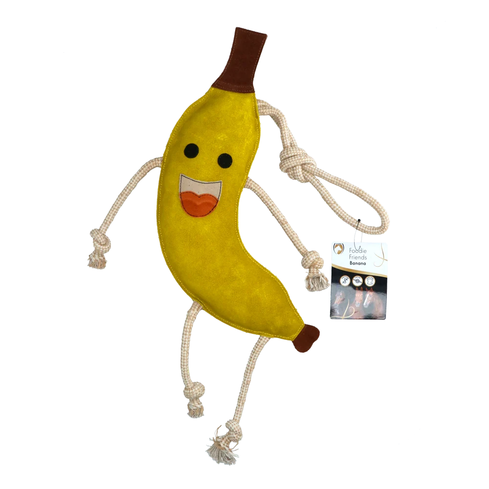 Jouet de box pour chevaux en cuir garni de jute, banane, 40 x 12 x 5 cm – Excellent Horse Foodie Friends Banana – Image 1