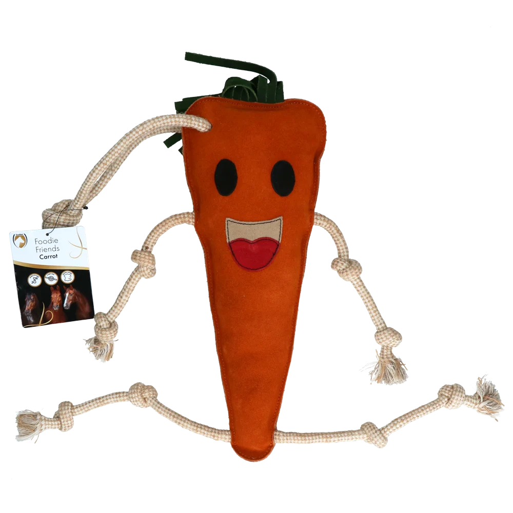 Jouet de box pour chevaux en cuir avec garnissage en jute, carotte, 40 x 16 x 5 cm – Excellent Horse Foodie Friends Carrot – Image 1