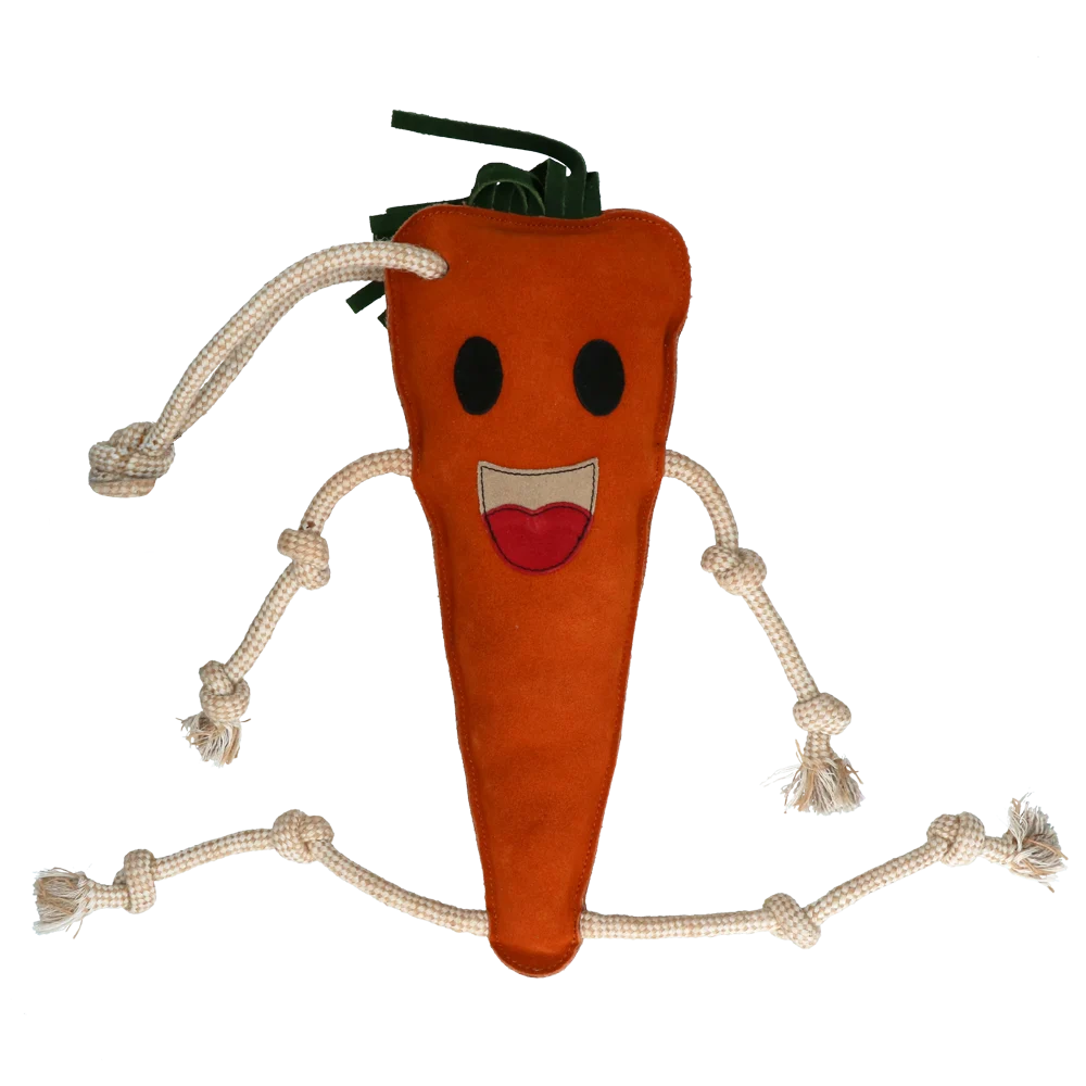 Jouet de box pour chevaux en cuir avec garnissage en jute, carotte, 40 x 16 x 5 cm – Excellent Horse Foodie Friends Carrot – Image 2