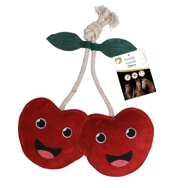 Jouet de box pour chevaux en cuir avec bruit de froissement, cerise, 17 x 35 x 7 cm – Excellent Horse Foodie Friends Cherry