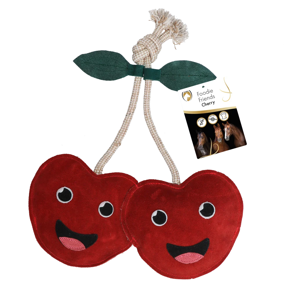 Jouet de box pour chevaux en cuir avec bruit de froissement, cerise, 17 x 35 x 7 cm – Excellent Horse Foodie Friends Cherry – Image 1