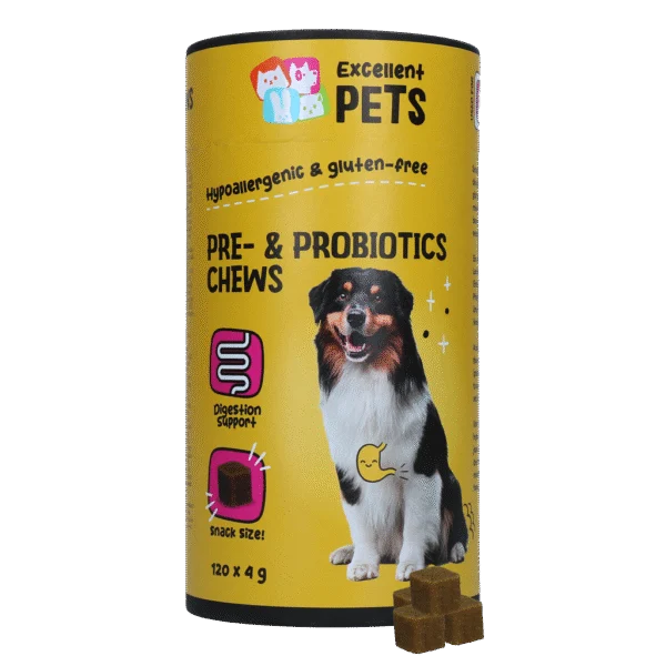 Complément alimentaire pour chien aux prébiotiques et probiotiques, 120 pièces – Excellent Pets Pre- & Probiotics Chews