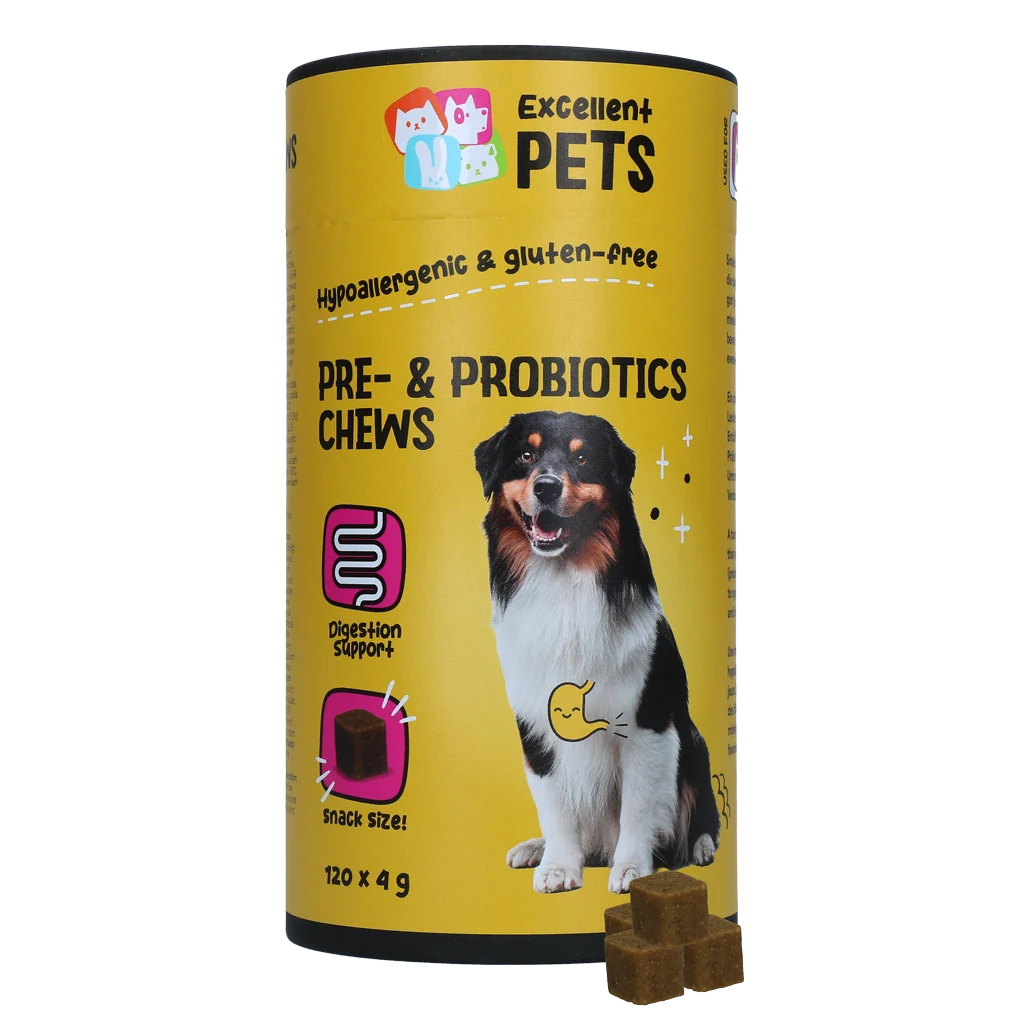 Complément alimentaire pour chien aux prébiotiques et probiotiques, 120 pièces – Excellent Pets Pre- & Probiotics Chews – Image 1