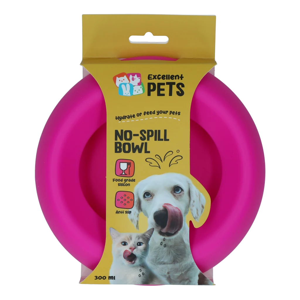 Gamelle et abreuvoir en silicone pour chiens, avec rebord anti éclaboussures, 300 ml, rose – Excellent Pets No-Spill Bowl – Image 1