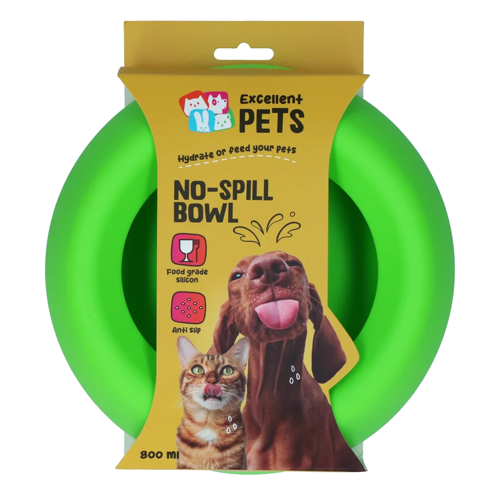 Gamelle pour chien en silicone avec rebord anti éclaboussures, 800 ml, vert – Excellent Pets No-Spill Bowl – Image 1