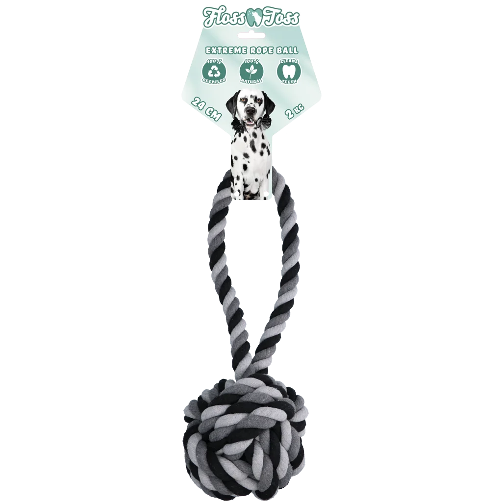 Corde pour chien en coton avec balle, 60 cm – Floss Toss Natural Dental Ropes Dental Rope Exteme Tug and Ball – Image 1