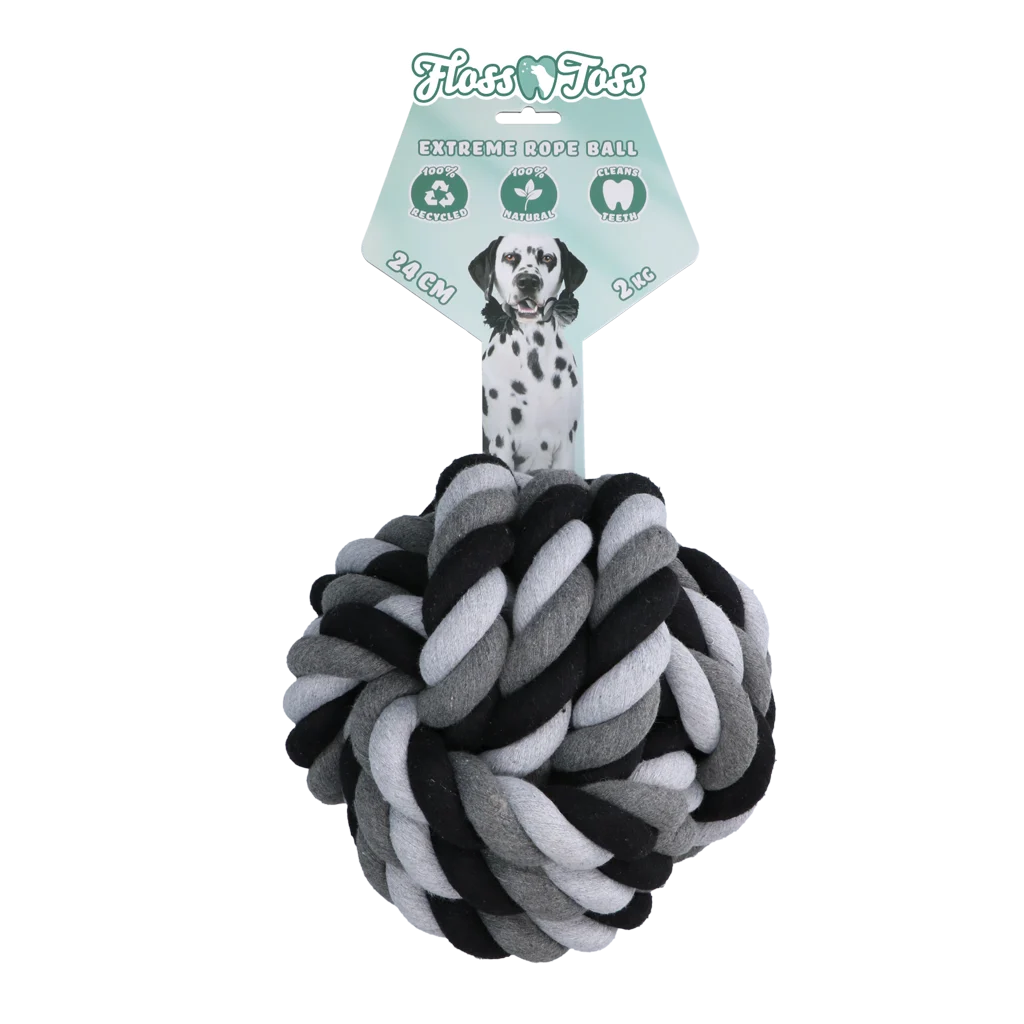 FLOS0019.png Corde à mâcher avec balle en coton, 24 cm – Floss Toss Natural Dental Ropes Dental Rope Exteme Ball – Image 1