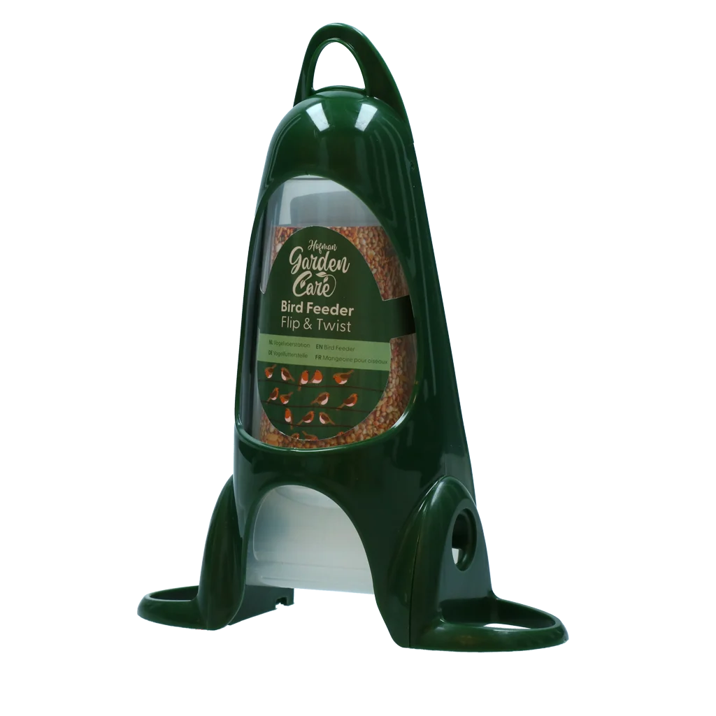 GACA0050.png Mangeoire silo avec anneau de perchage et 2 ouvertures, 1200 g – Hofman Garden Care Bird Feeder Flip & Twist – Image 1