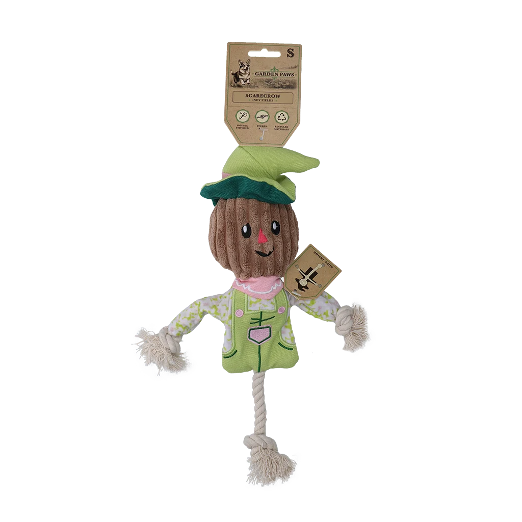 Jouet de traction épouvantail avec corps qui crépite et corde – Garden Paws Scarecrow Indy Fields S – Image 1