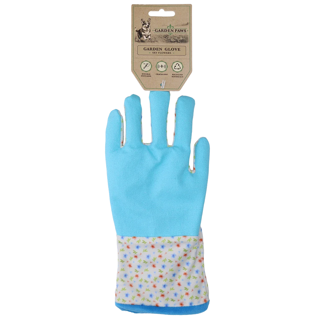 Jouet de fouille avec matière bruissante et compartiment à friandises – Garden Paws Garden Glove Sky Flowers – Image 1