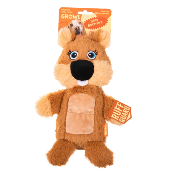 Peluche pour chien Castor en peluche avec tapis sonore et couineur – Growl Belly Boomerz Benny le Castor