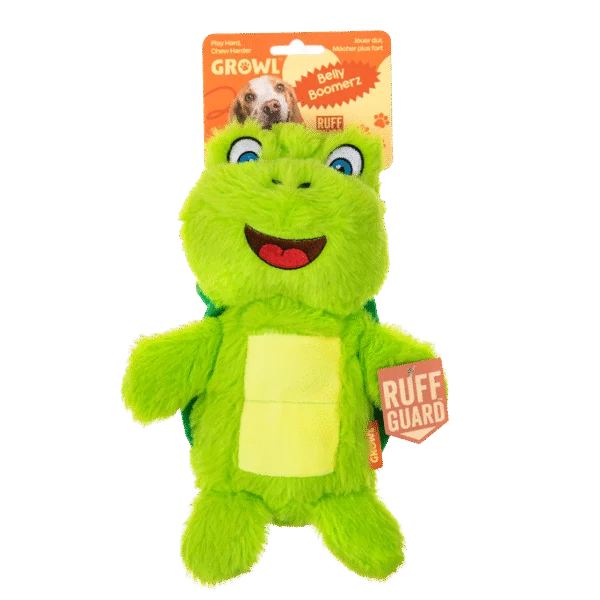 Peluche pour chien tortue avec tapis sonore et couineur – Growl Belly Boomerz Tina la tortue