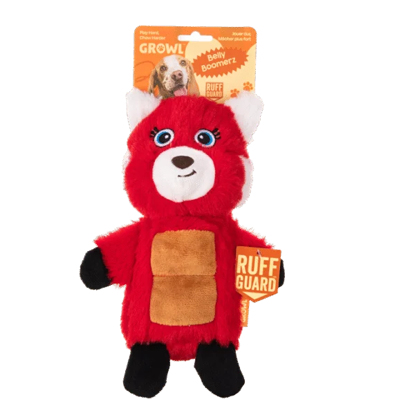 Peluche pour chien panda roux avec tapis sonore et couineur – Growl Belly Boomerz Riley le panda roux