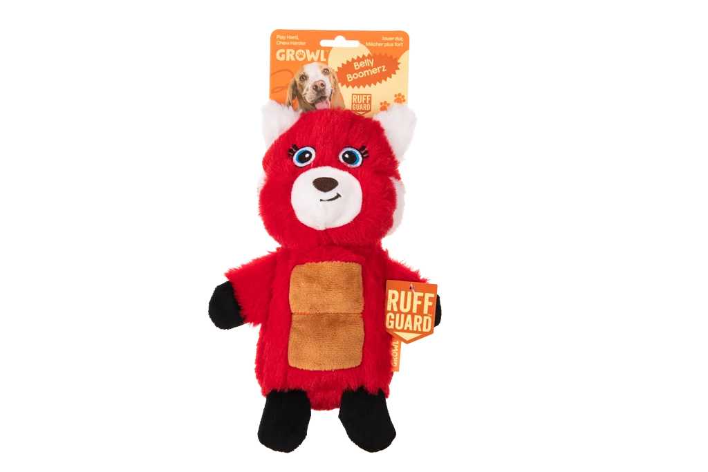 Peluche pour chien panda roux avec tapis sonore et couineur – Growl Belly Boomerz Riley le panda roux – Image 1
