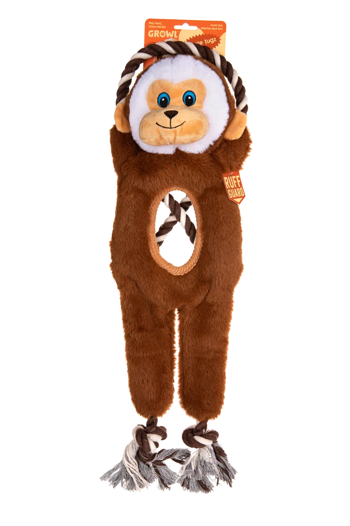 Jouet de traction pour chien avec corde et deux couineurs – Growl Jungle Tugz Max le Singe – Image 1