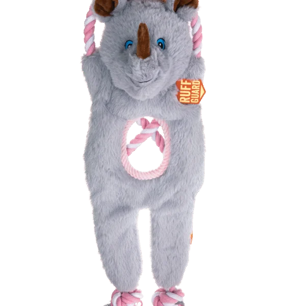 Jouet à tirer pour chien avec corde et deux couineurs – Growl Jungle Tugz Rocky le Rhinocéros