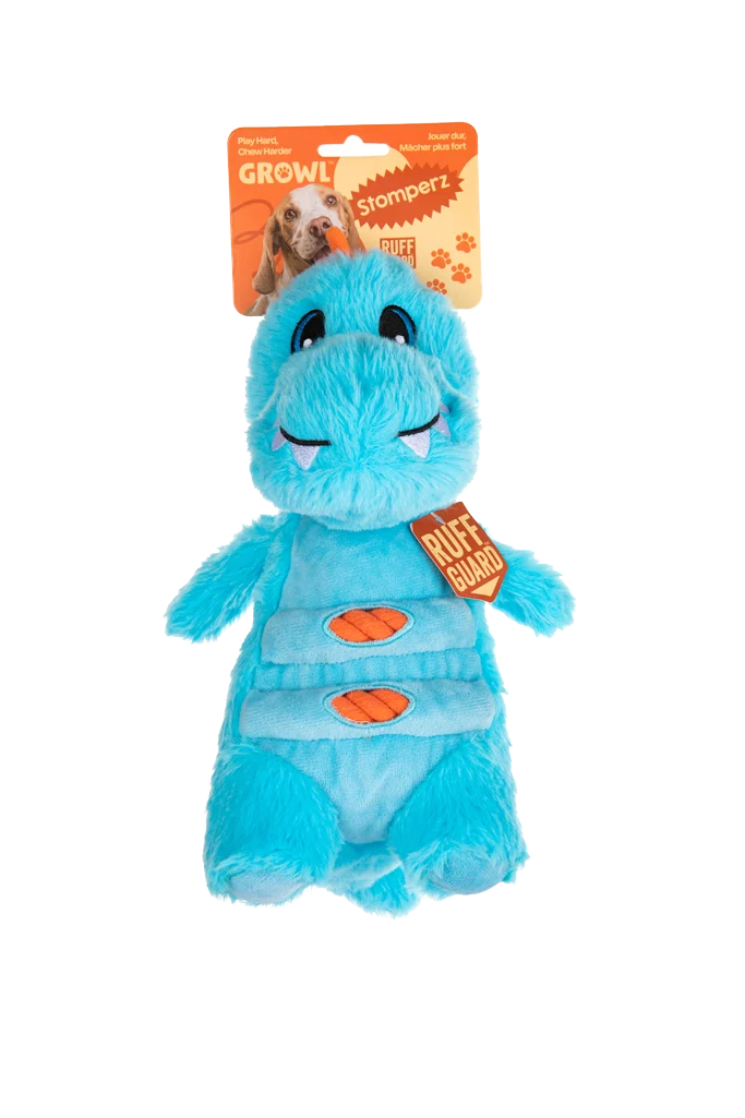 Peluche pour chien avec corde et grand couineur – Growl Stomperz Terry, le Tyrannosaure Rex bleu – Image 1