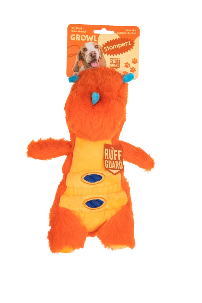 GROWL52016.png Peluche pour chien avec corde et grand couineur – Growl Stomperz Tina le tricératops orange – Image 1