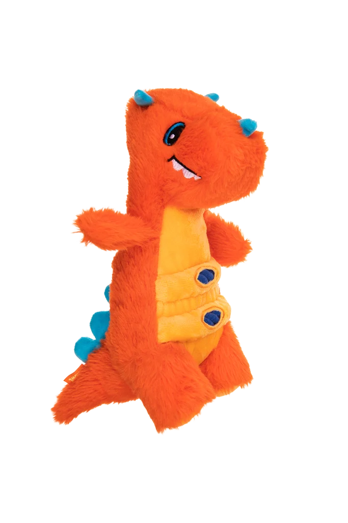 Peluche pour chien avec corde et grand couineur – Growl Stomperz Tina le tricératops orange – Image 3