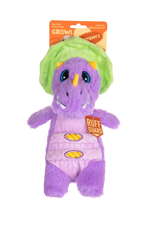 GROWL52017.png Peluche pour chien avec corde et grand couineur – Growl Stomperz Benny le brachiosaure violet – Image 1