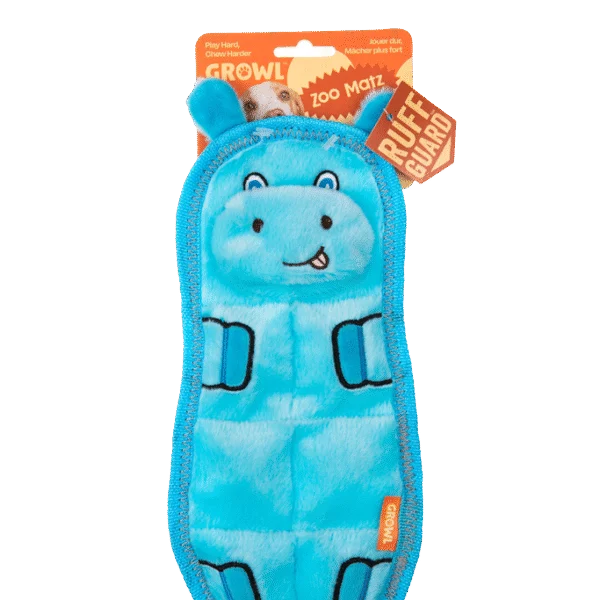 Peluche plate pour chien avec 7 couineurs – Growl Zoo Matz Hugo l’hippopotame
