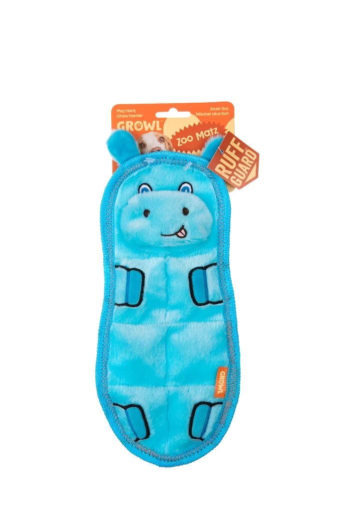 GROWL52025.png Peluche plate pour chien avec 7 couineurs – Growl Zoo Matz Hugo l’hippopotame – Image 1