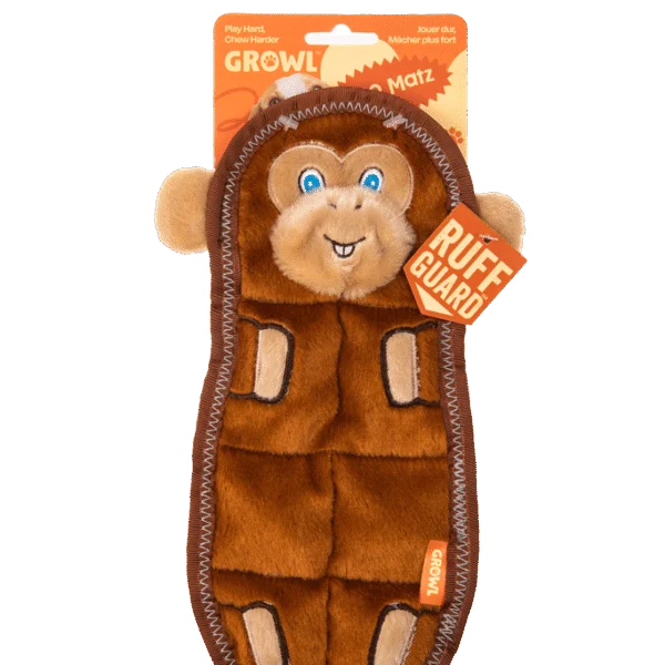 Peluche plate pour chien avec 7 couineurs – Growl Zoo Matz Mildred le singe